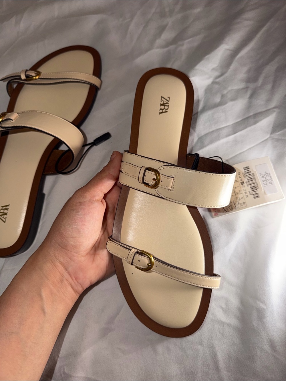 ZARA Cream Double-Strap Slide Sandals with Brown Trim - Picture 2 of 5